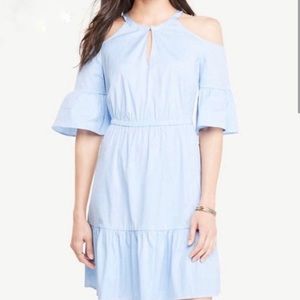 ANN TAYLOR Striped Poplin Cold Shoulders Ruffle Dress